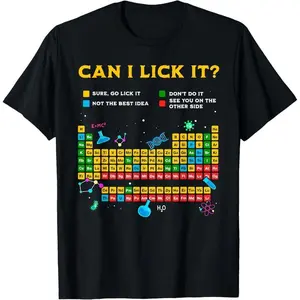 Men's Cotton Round Neck Short-Sleeve Casual Apparel, "Can I Lick It" Periodic Table Funny T-Shirt for Science Teachers, Father's Day Gift t0106