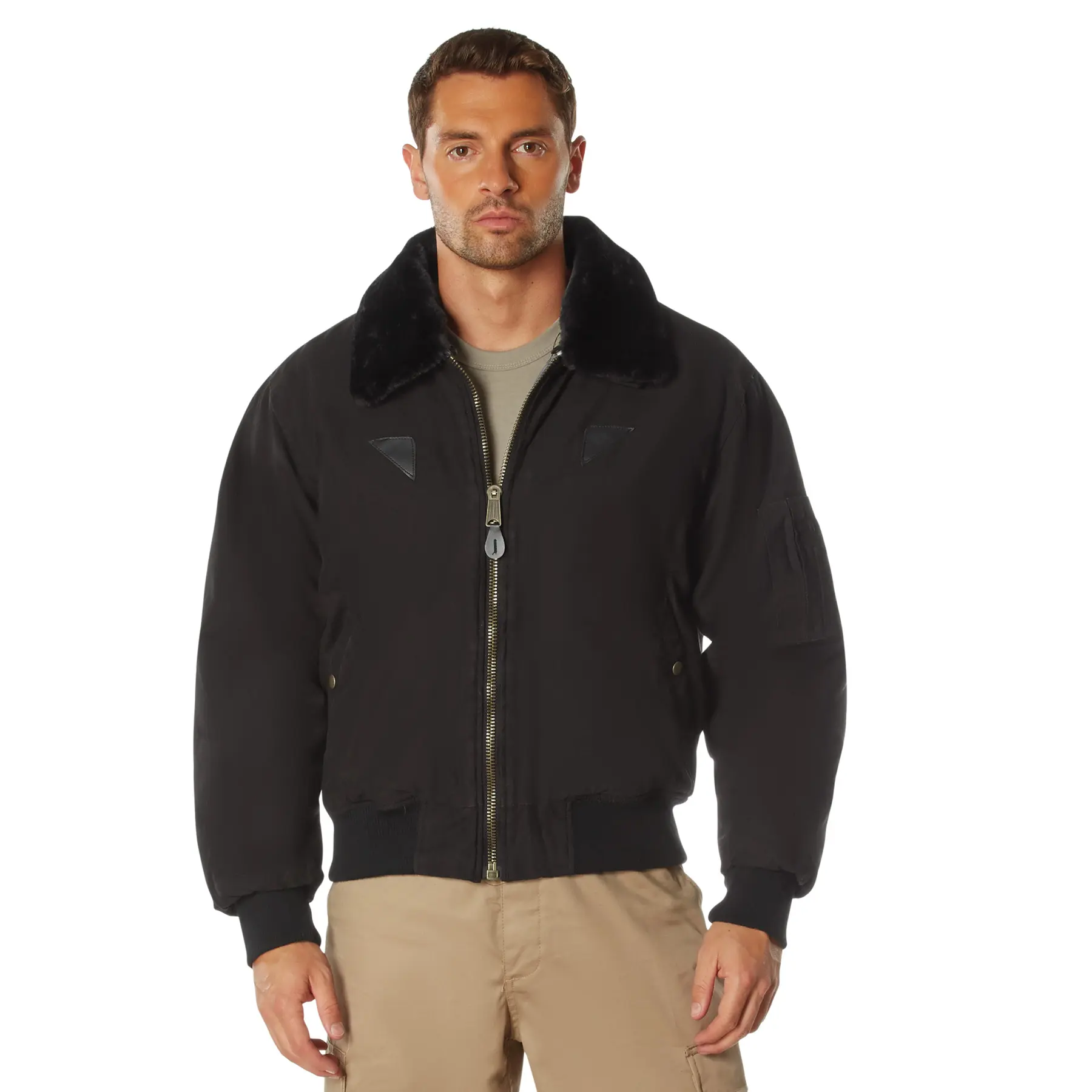 ROTHCO Men's Vintage B-15A Cotton Bomber Jacket with Removable Fur Collar, Quilted Air Command Lining, Ribbed Cuffs and Zipper Pockets