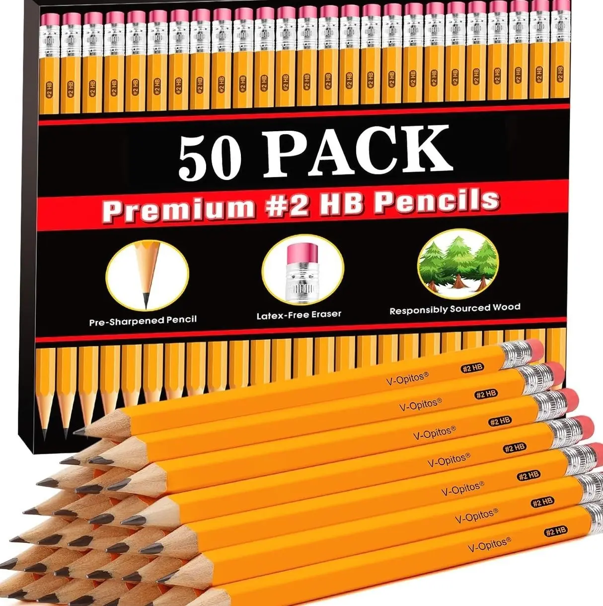 V-Opitos Wood-Cased #2 HB Pencils, 50 Pack Bulk Yellow Pencils with Erasers, Pre-Sharpened, School Classroom Teacher Supplies for Writing, Drawing and Sketching