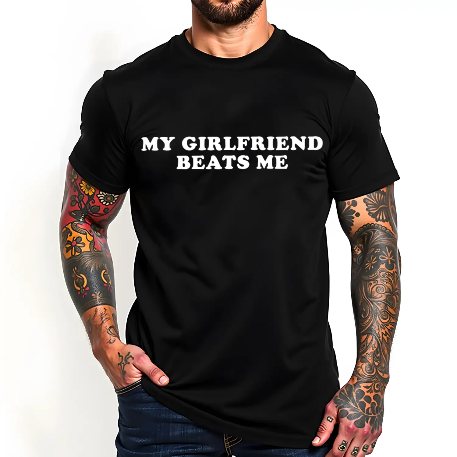 [100% Cotton] Humorous Relationship T - Shirt My Girlfriend Beats Me for Trending Couple Aesthetics