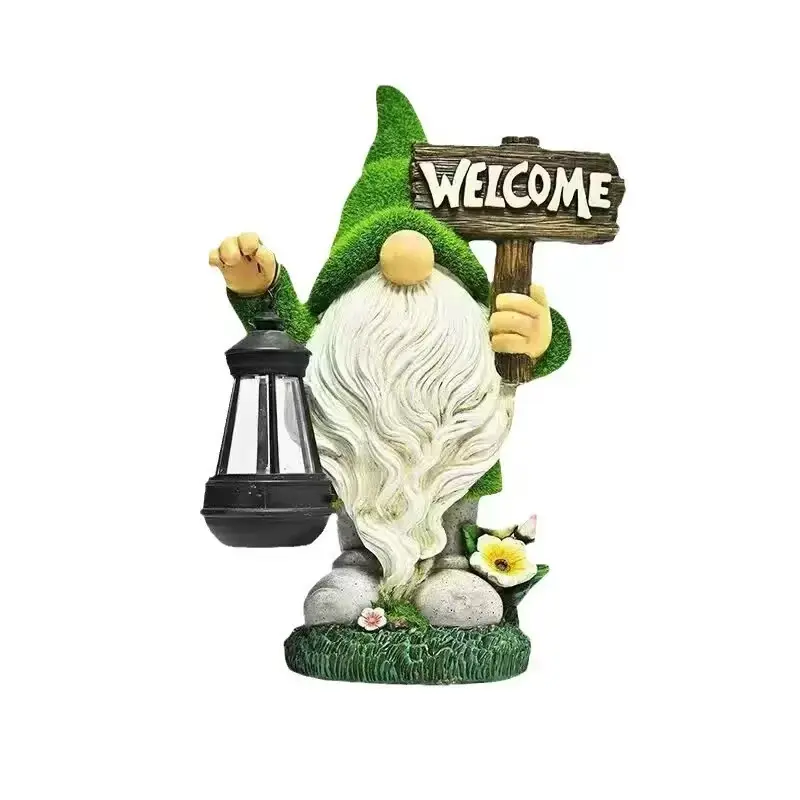 Classic Large Flocked Resin Garden Gnome Statue with Solar Light - Holding Lantern Welcome Sign, Outdoor Home Decor for Patio, Lawn, Christmas Figurine