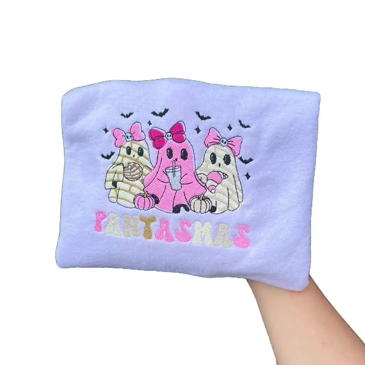 Pantasamas Embroidered crewneck, fantasma, ghost pink pan dulce, halloween, latina Embroidery Womenswear Style Sweaters