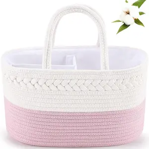 Diaper Caddy, Nursery Storage Bin and Car Organizer for Diapers and Wipes, Cotton Rope Basket Changing Table Caddy, Portable Baby Diaper Tote for Home Travel