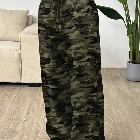 Trendy Loose Fit Wide Leg Adjustable Camouflage Drawstring Women's Pants Womenswear, Ideal for Daily Wear & Music Festivals, Perfect for Casual All Season Bottoms, Casual Fashion Bottoms