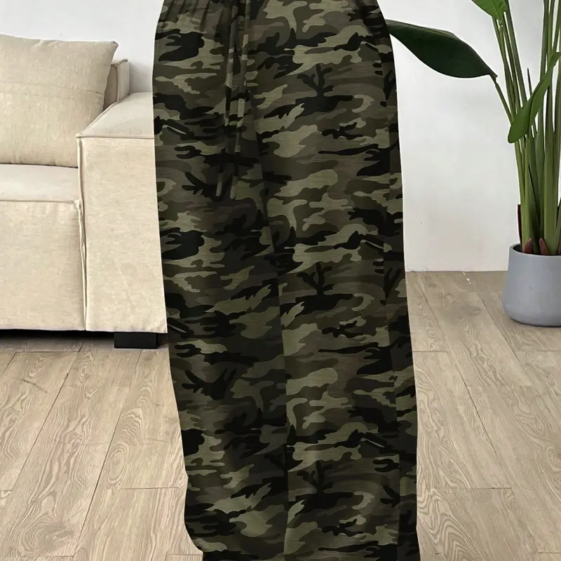 Trendy Loose Fit Wide Leg Adjustable Camouflage Drawstring Women's Pants Womenswear, Ideal for Daily Wear & Music Festivals, Perfect for Casual All Season Bottoms, Casual Fashion Bottoms