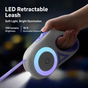 Pawzseek Luminous Retractable Dog Leash with Front Safety Led Light - 360°Tangle-Free Training Leash for Ultimum Freedom with Anti Slip Handle Dogs & Cats - Purple 5M/16ft