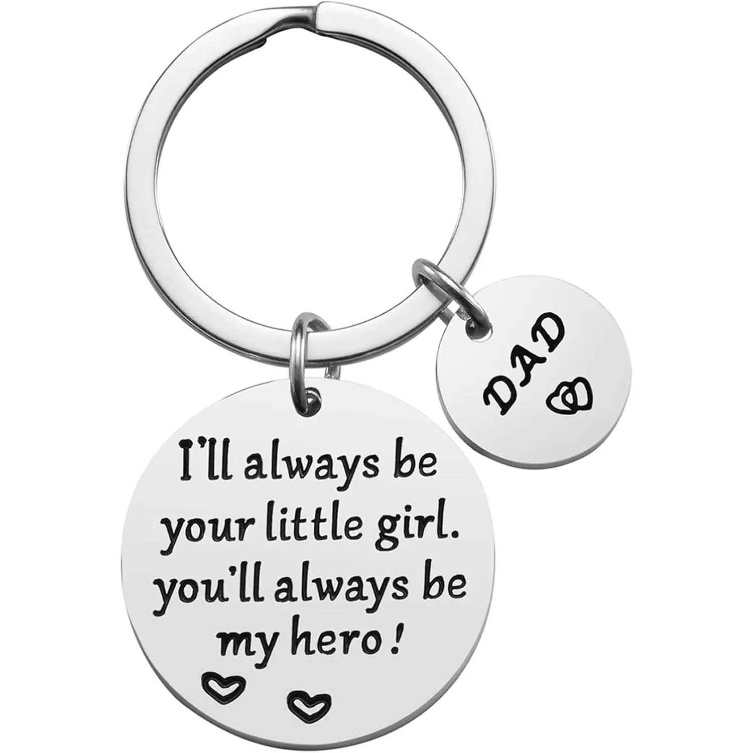 Engraved Message Keychain for Dad from Daughter, Stainless Steel Keyring with "My Hero" Quote, Sentimental Gift for Father's Day, Birthday, Christmas, Engraved Message Keychains, Metal Nameplate Keychains