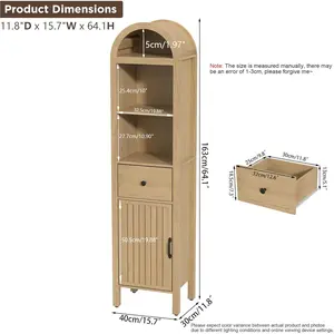 64" Tall Bathroom Storage Cabinet with Adjustable Shelves,Tall Narrow Arched Freestanding Tower Cabinet with Fluted Doors and Drawers,Space Saving Organizer for Bathroom Living Room (Oak)