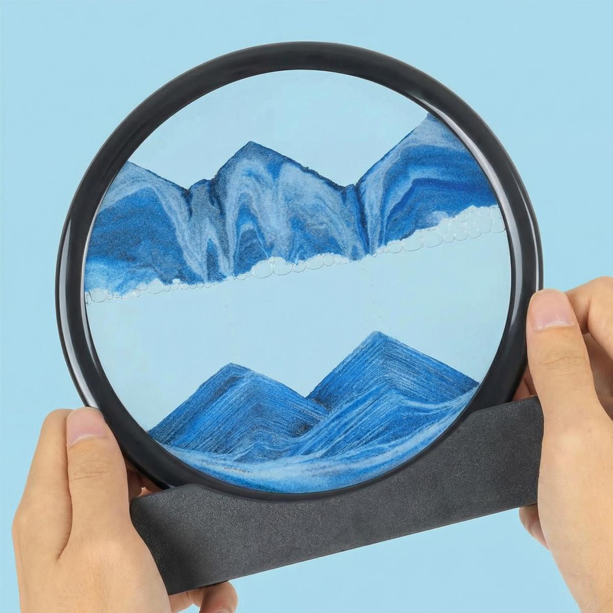 Moving Sand Art Liquid Motion – 3D Deep Sea Sandscape Picture, Round Glass Frame Display, Flowing Sand Relaxing Toy for Desktop, Home Office Decor