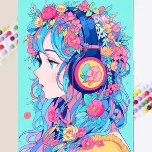 1 set of DIY diamond painting kit, 5D diamond art kit, DIY decoration flowers, headphones, colorful hair mosaic, diamond art, DIY art home decoration, Diamond Art Tools