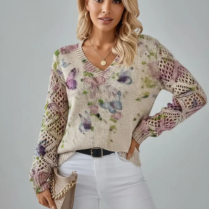 Women’s Floral Crochet Knit Sweater – Vintage Boho V-Neck Pullover Top, Lightweight Long Sleeve Lace Hollow Out Jumper, Casual Spring Fall Knitwear for Ladies, Soft Cozy Aesthetic Style