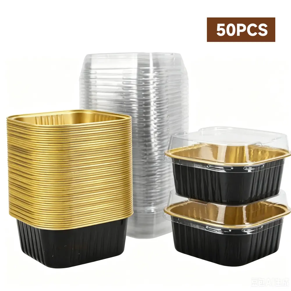 50PCS Mini Square Baking Cups with Lids, 10oz Aluminum Foil Mini Cake Pans with Lids, Disposable Ramekins Cake Pans, 300ml Dessert Cups Cupcake Pans for Wedding Birthday Party, Blackgold
