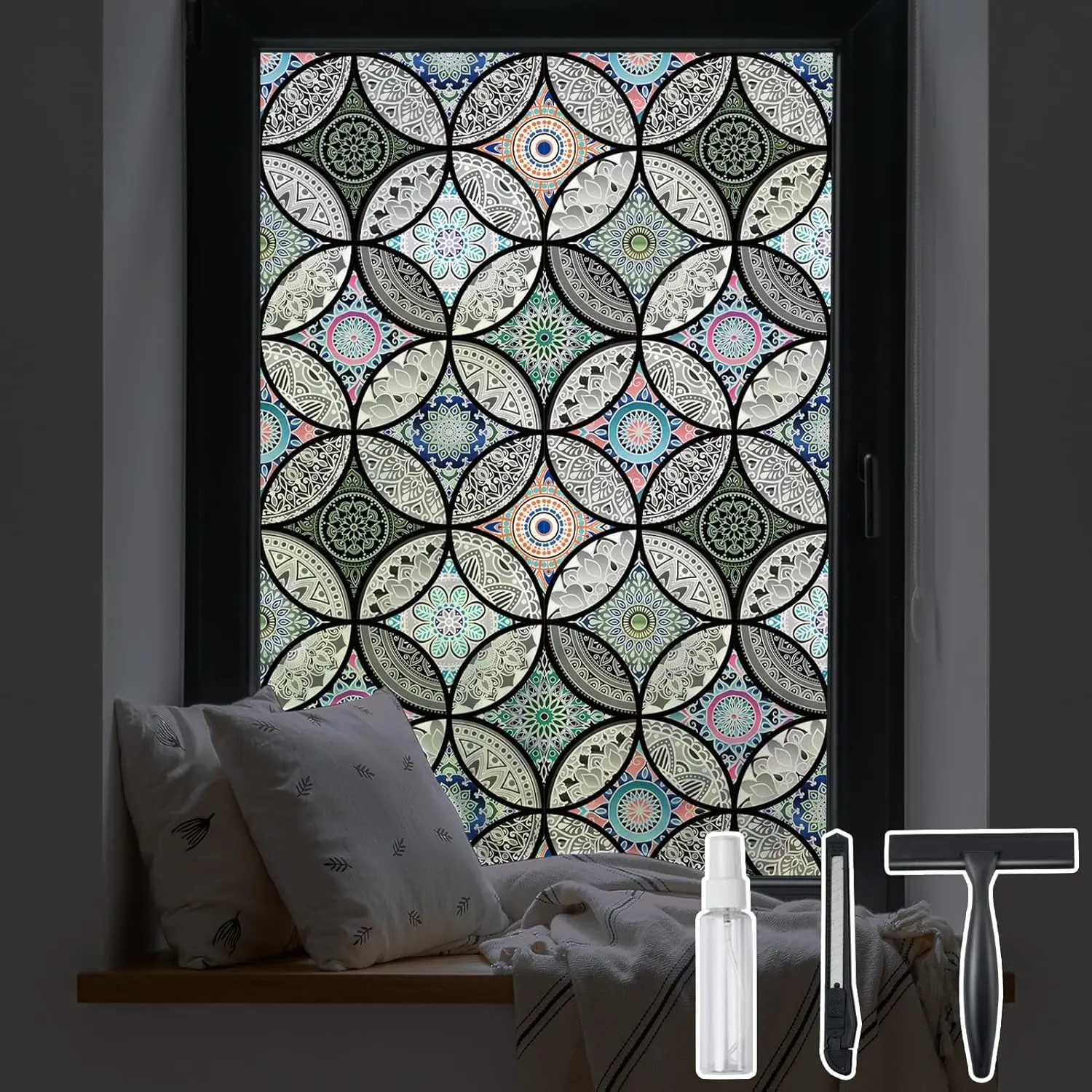 Static Cling Decorative Window Film with Installation Tools Non Adhesive Privacy Film, Stained Glass Window Film for Bathroom Shower Door Heat Cotrol Anti UV 17.7 x 78.7 Inch