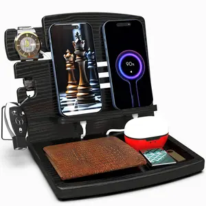 MED Wood Phone Docking Station – Nightstand Desk Organizer for Phone, Watch, Wallet & Tablet – Gift for Men, Husband, Dad & Women – Wooden Charging Stand with Key Holder (Black, Model 1)
