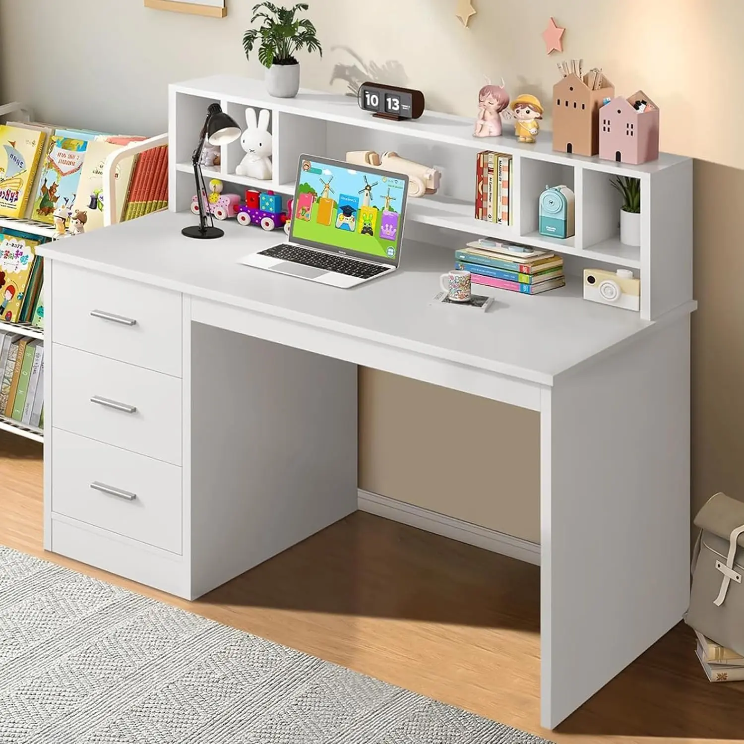 [Summerwins] HOMBCK Wooden Study Desk with Hutch, Drawing Writing and Learning Desk with Bookshelf,Study Computer Desk, Chair not Included #summer garden,fathers day gift ideas
