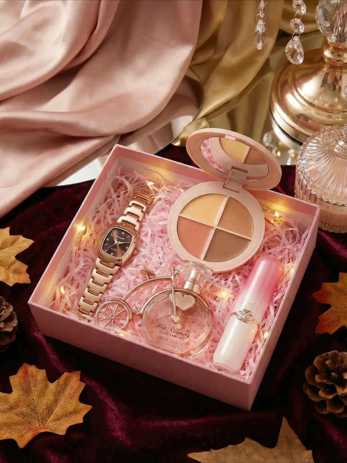 5-piece women's delicate, small, cute, natural, soft, versatile, elegant, elegant Gifts Set box for Mother's Day, Anniversary Gift with four color concealer lipstick, rose gold bicycle, perfume light band, quartz watch set