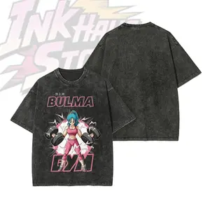 Vintage Heavyweight Crew Neck T-shirt Bulma GYM Graphic Tee S-4XL-5XL,DBZ 90s Anime Short Sleeve Cotton Unisex Retro wash Tee Soft Cotton Shirt Funny Streetwear Graphic Tee