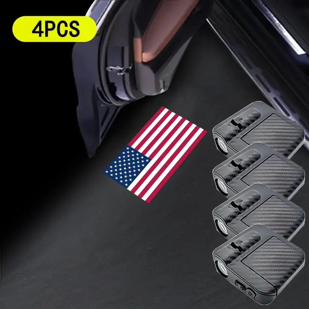 4pcs door lights - American flag logo projector - Universal wireless door LED projection lights, door step LED welcome sign shadow ghost light projection lights, suitable for all brands of cars LED American flag welcome lights campingessentials
