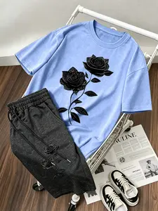 Men's American Dark Style Casual Set, Deep Rose Print T-Shirt + Drawstring Shorts, Streetwear/everyday Wear Two-Piece Set