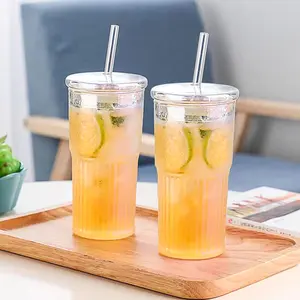 20 oz Glass Cups with Lids and Straws – Reusable Tumbler, Thickened Shatter-Resistant Glass, Ideal for Iced Coffee, Smoothies, Cocktails, Juices – Elegant & Durable Drinkware,Summervibes