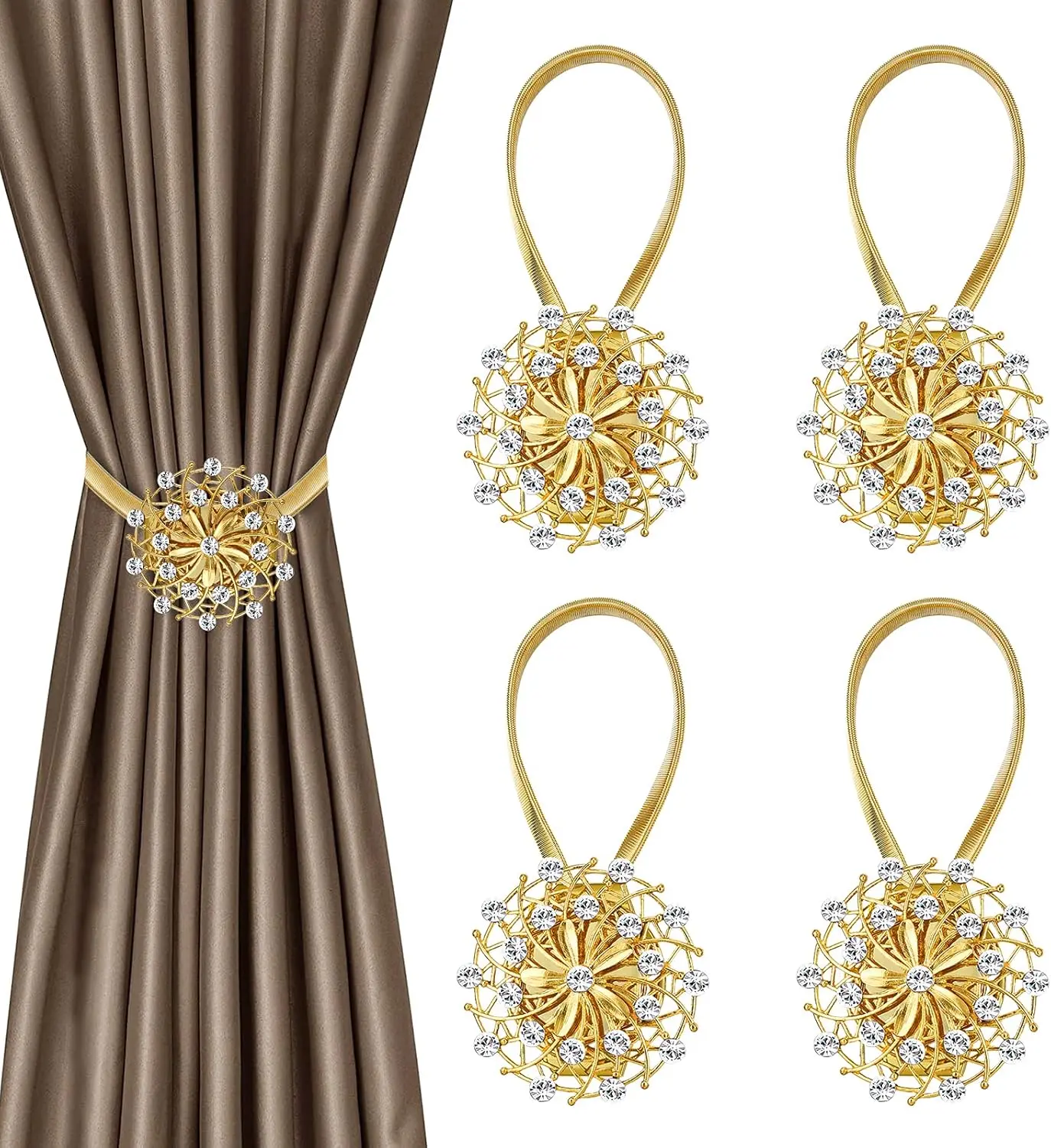 4PCS Golden Magnetic Curtain Tiebacks, Crystal Flower Curtain Buckle Decorative No Drilling Drapery Holdbacks Holders with High-Elastic Spring Wire for Home Office Decor