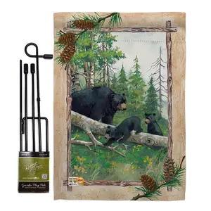 Breeze Decor BD-WL-GS-110043-IP-BO-D-US12-SB 13 x 18.5 in. Black Bear & Cubs Nature Wildlife Vertical Double Sided Mini Garden Flag Set with Banner Pole, Mini Flag, Weatherproof