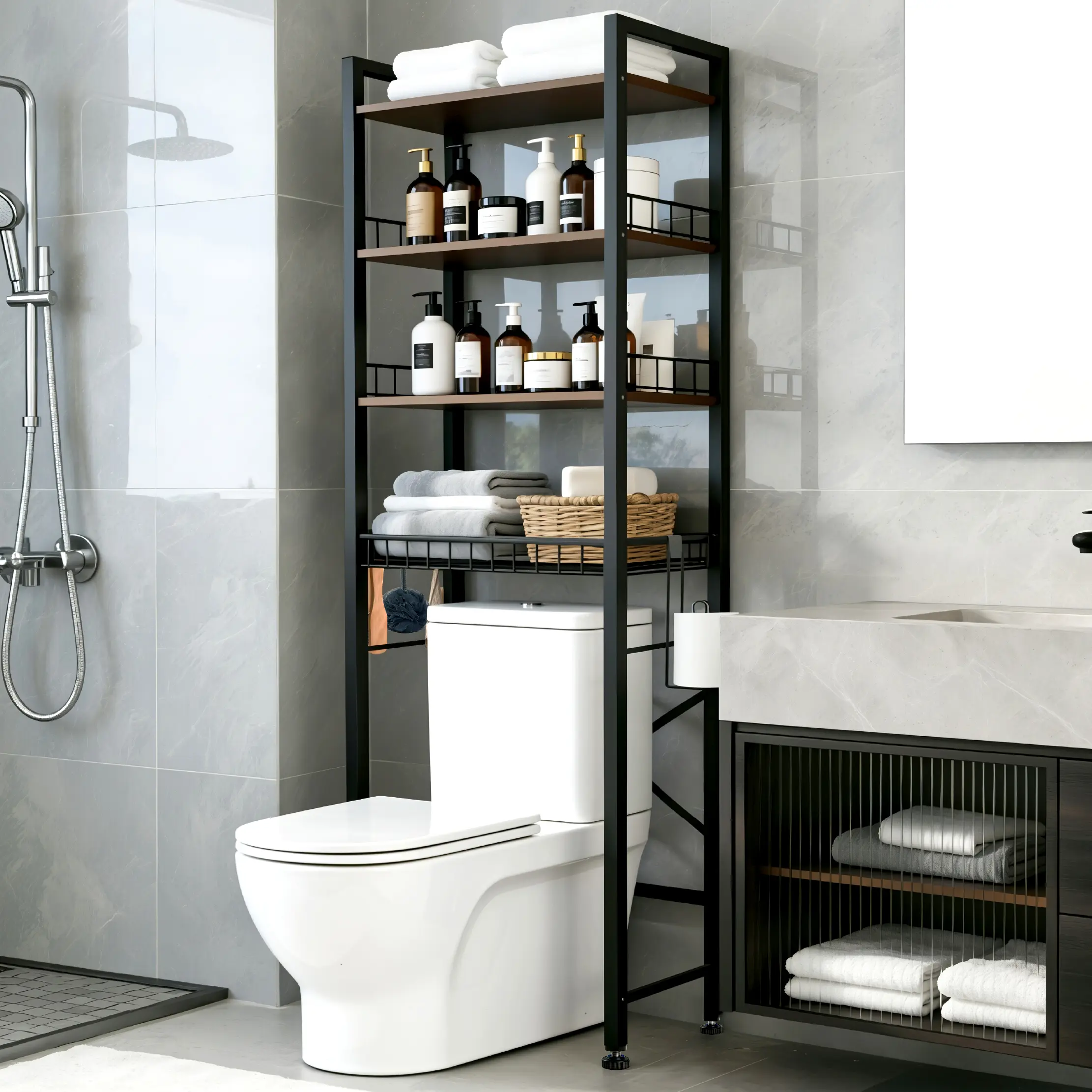 3-Tier/4-Tier Rectangle Over-The-Toilet Space Saver Rack for Apartment, Bathroom Accessory with Adjustable Shelf, Basket, 3 Towel & Toiletry Hooks for Storage Organization, Toilet Storage