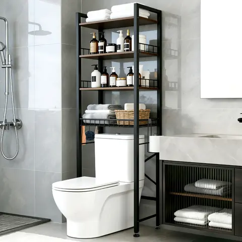 3-Tier/4-Tier Rectangle Over-The-Toilet Space Saver Rack for Apartment, Bathroom Accessory with Adjustable Shelf, Basket, 3 Towel & Toiletry Hooks for Storage Organization, Toilet Storage