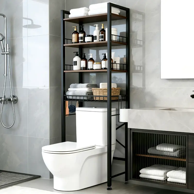 3-Tier/4-Tier Rectangle Over-The-Toilet Space Saver Rack for Apartment, Bathroom Accessory with Adjustable Shelf, Basket, 3 Towel & Toiletry Hooks for Storage Organization, Toilet Storage