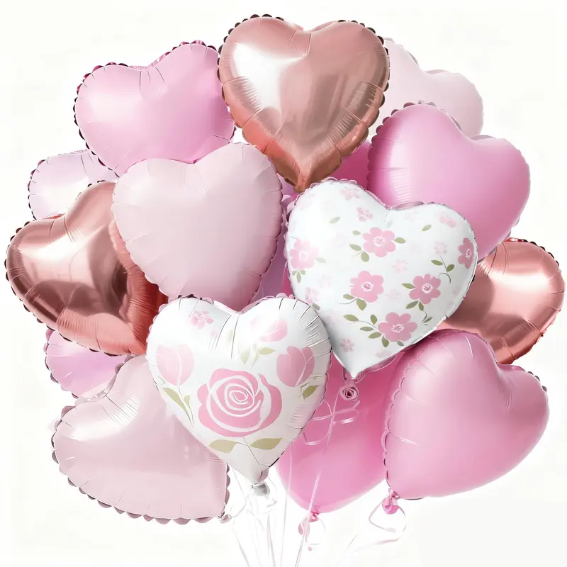 PartyWoo 15-Piece 18-Inch Baby Pink-White-Rose Gold Print Heart-Shape Foil Balloons Set with Ribbon, Romantic Decor for Valentine's Day, Proposal Decorations