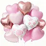 PartyWoo 15-Piece 18-Inch Baby Pink-White-Rose Gold Print Heart-Shape Foil Balloons Set with Ribbon, Romantic Decor for Valentine's Day, Proposal Decorations
