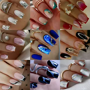 Square Press on Nails 216pcs (9 PACK) Medium Length Black Blue Fake Nails Gradient Golden Shiny Artificial False Nails with Golden Foil Designs Full Cover Artificial Stick on Nails for Women