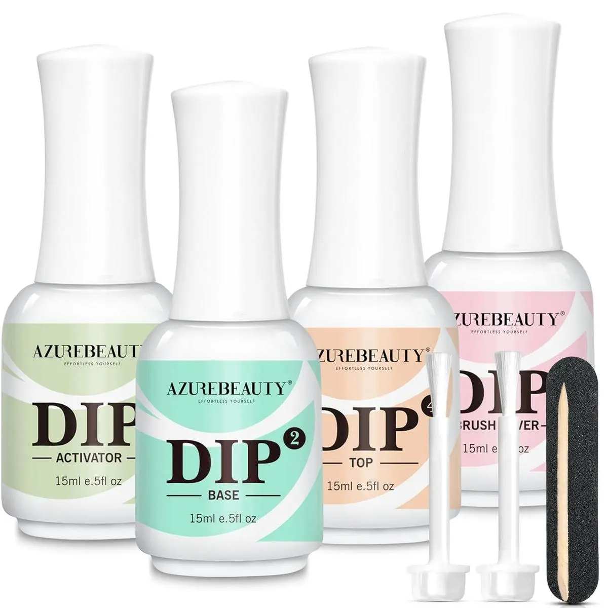 4+4pc Dip Powder Liquid Set, 15ml/0.5oz, with Base/Top Coat, Activator, Brush Saver, Nail File– Fast Drying Formula, No UV Light Needed