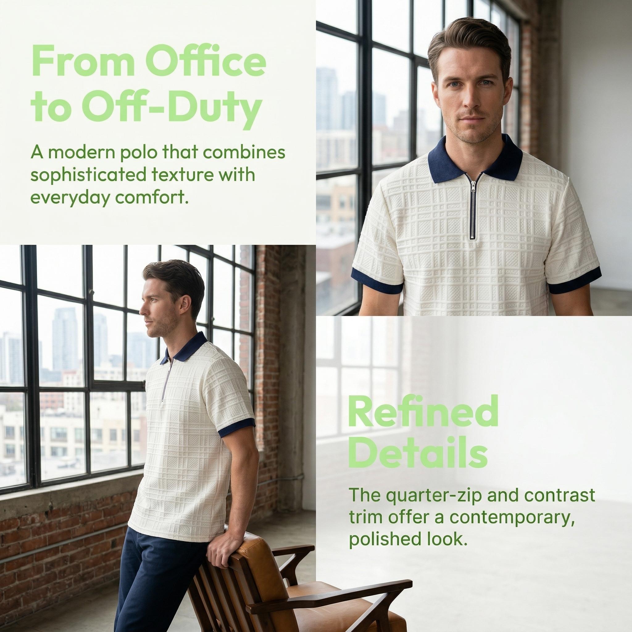 Mens Textured Half Zip Polo Shirt, Breathable Short Sleeve Golf Casual Tee for Men