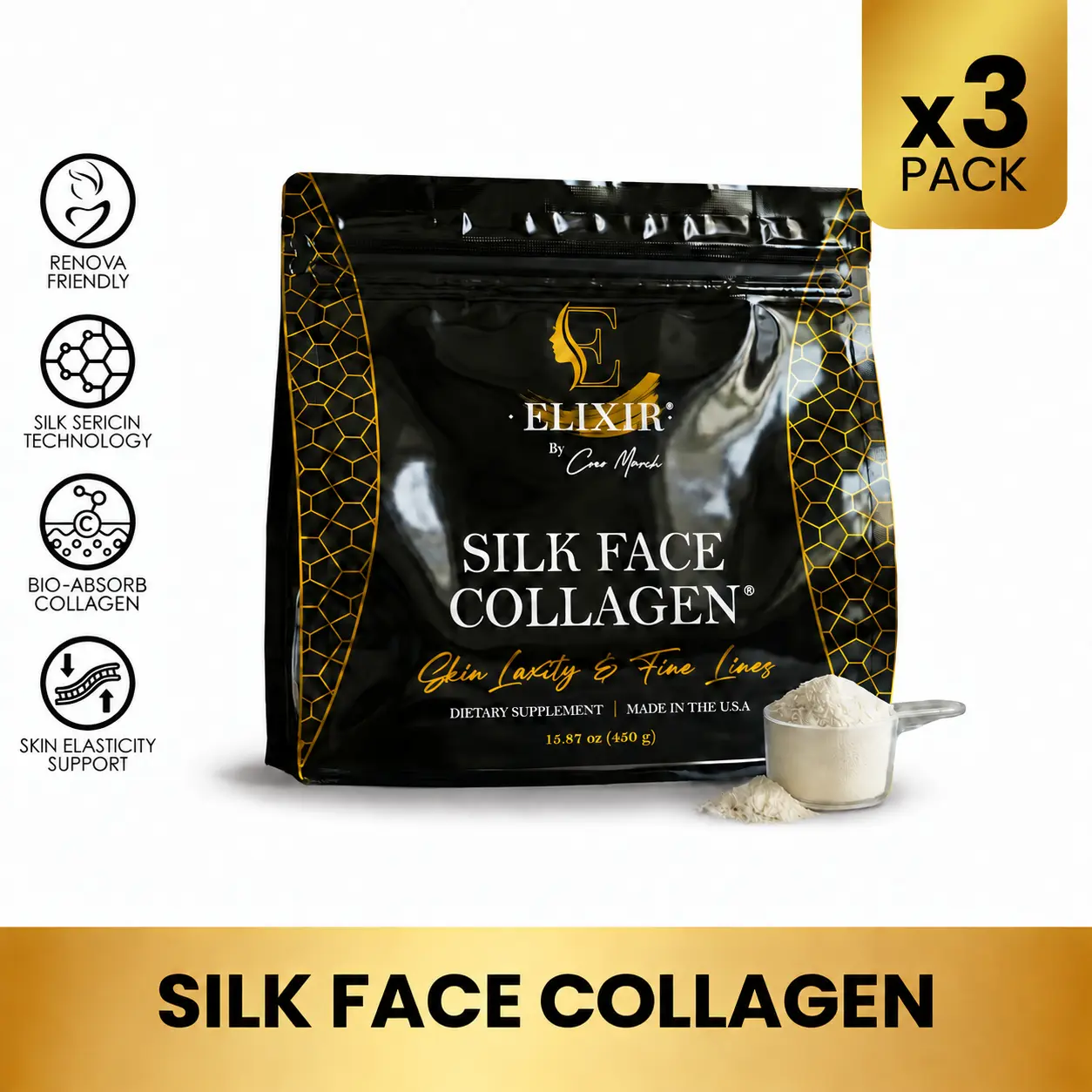 3 Pack of Cocó March Silk Face Collagen - Formulated for Face & Neck | Sericin-Activated Ultra Low Molecular Weight Collagen – Supports Skin Elasticity and Smooth Appearance – 14g Protein – 15.87 oz (450g) NO Taste-Dissolves Instantly