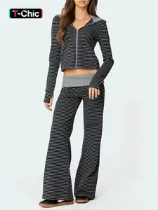 2-piece set  Women's Striped Hooded Cardigan Top & Wide Leg Pants Knit Set, Casual Daily Wear, Suitable for All Seasons, Comfortable