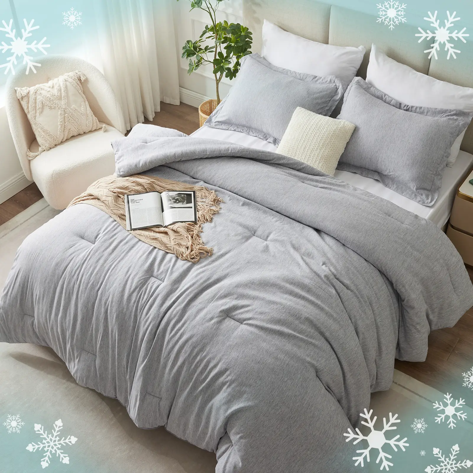 【Summer Pick】CozyLux Comforter Set - 3 Pieces Light Grey Soft Luxury Cationic Dyeing Comforter for All Season,Breathable Lightweight Fluffy Bedding