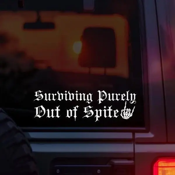 “Surviving Purely Out Of Spite” Gothic Vinyl Car Decal – Skeleton Hand Rock n Roll Sign Alternative Sticker for Car Window Laptop Tumbler – Emo Goth Metalhead Spooky Aesthetic