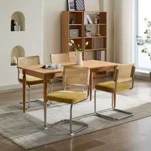 Rattan Dining Chairs Set of 2,Upholstered Mid-Century Modern Dining Room Chairs with Cane Backrest,Retro Velvet Kitchen Chairs with Stainless Chrome Base, Barstools Counter Height