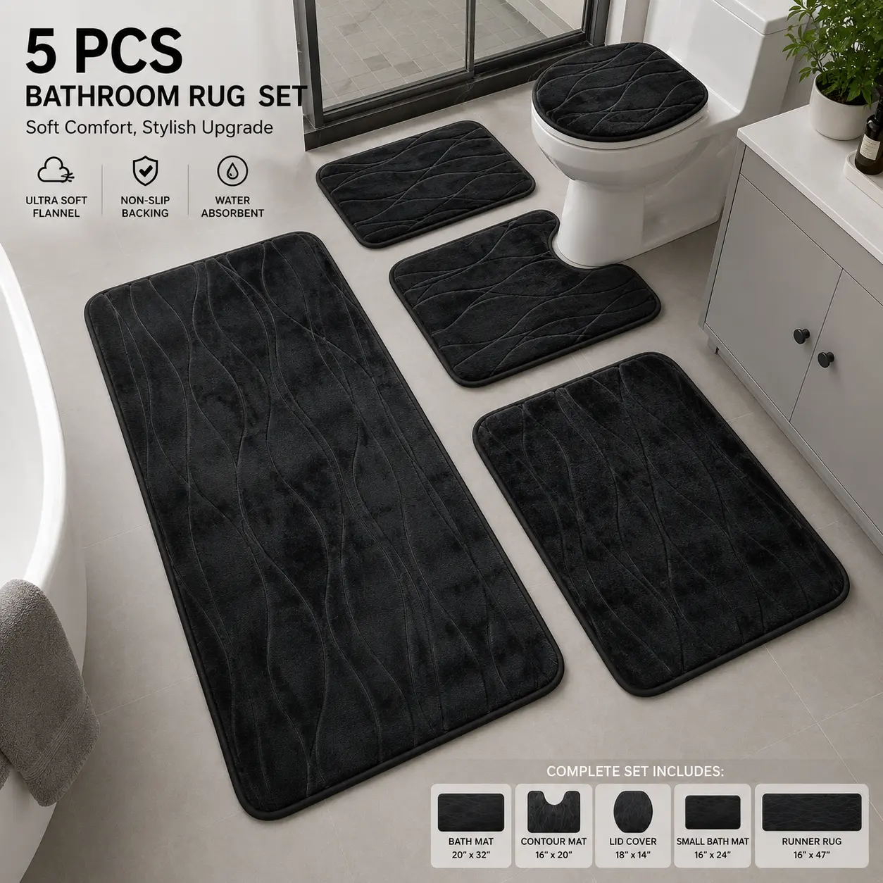 5pcs Thick Memory Foam Sponge Bathroom rug sets – Non-Slip Washable Absorbent for Bathtub, Shower, Heavy Foot Traffic Areas, Modern Bathroom Decor,Apartment Accessories, Home Decor