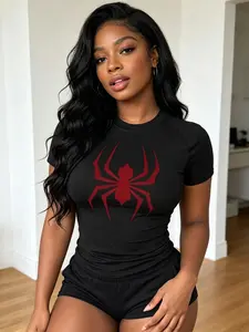 Spider Print Fashion Dark Graphic Women's Short Sleeve Sport Top, Summer Quick-Dry Breathable Stretch Yoga Running Fitness Shirt, Athletic Gym Tops, Breathable Workout Shirts