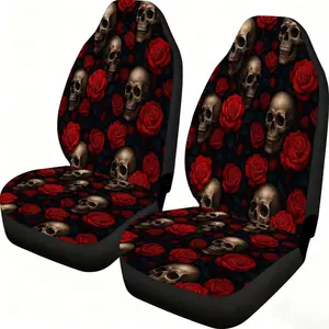2-piece Skull Red Rose Car Seat Covers for Front Seats, Car Seat Protectors. Features a high backrest design. Suitable for multiple vehicle models. Women's car accessories. Christmas Eve Horror/ Halloween Theme. Special price clearance.