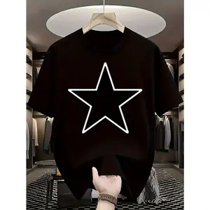 Womens Black Short Sleeve Cotton Graphic Tee White Star Print Crewneck Casual Streetwear Soft Breathable Summer Top For Everyday Outfit Travel And Weekend Wear