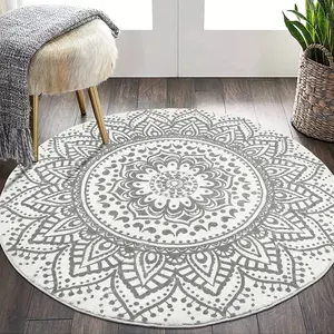 1PC Round Bohemian Floral Pattern Area Mat, Faux Cashmere, Non-Slip Washable, Soft and Stylish, for Living Room, Bedroom, Indoor Use, Rugs for Living Room