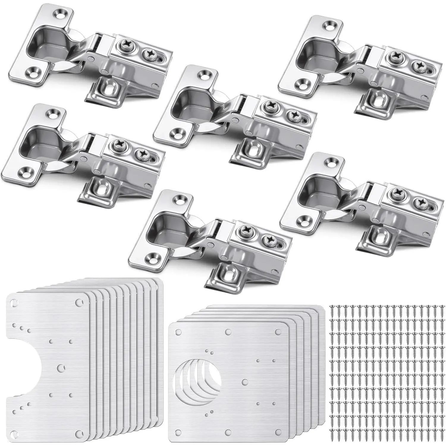 18-Piece Stainless Steel Corrosion Proof Cabinet Hinge Repair Kit with Multi-Size Door Plates (12 x Narrow + 6 x Wide), 6 Hinges, 108 Screws for Kitchen Cupboard Doors Easy Installation