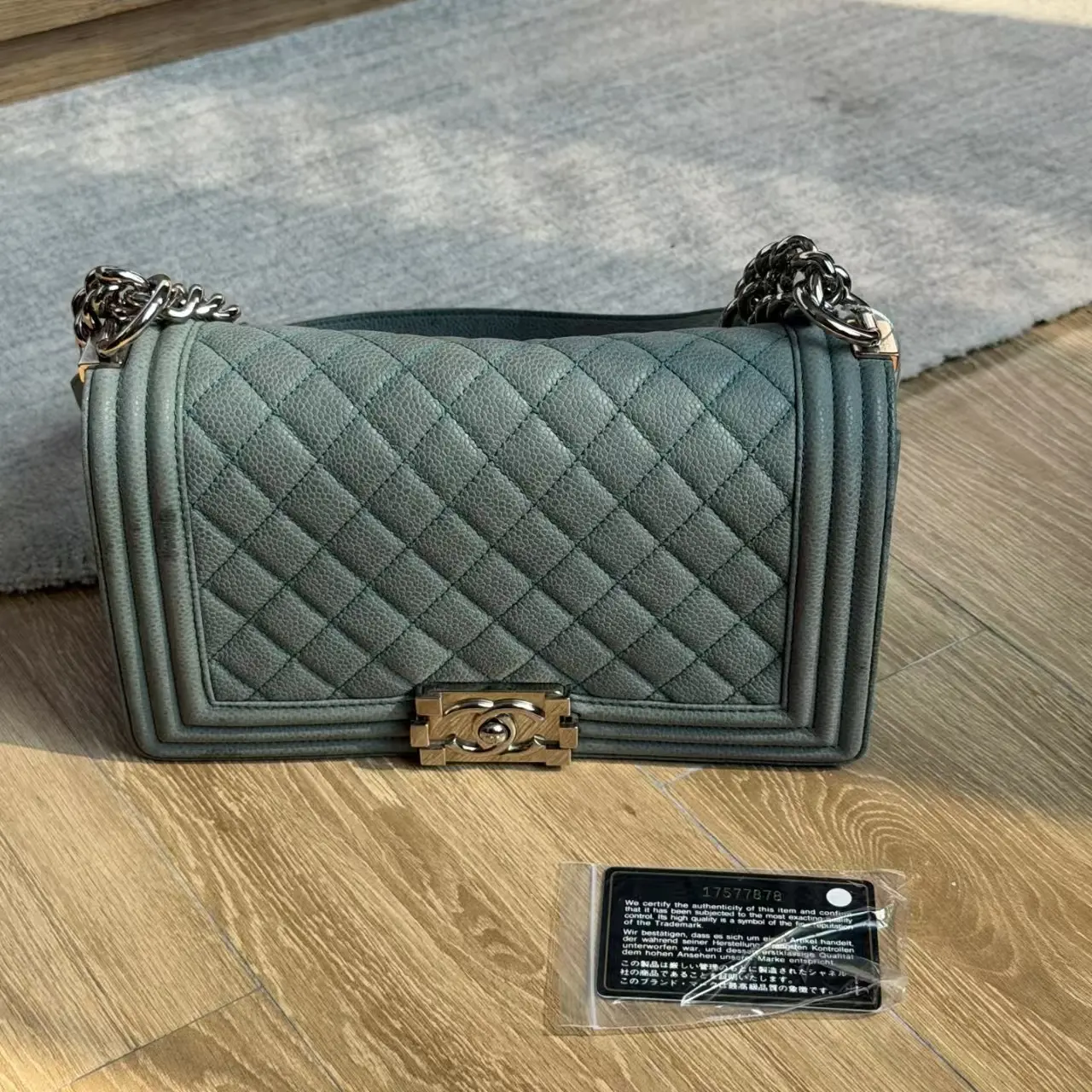 Pre-owned CHANEL HZ8 BOY Flap Bag (Old Medium) – Dusty Grey Green, Caviar Leather, Silver Hardware 61065