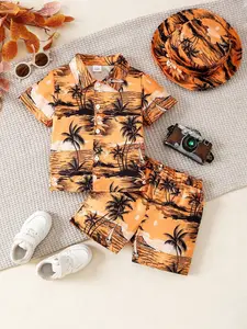 Boys' Tropical Coconut Tree Print Three-Piece Set, Breathable Summer, Casual Beachwear, Ideal for Kids' Leisure Activities