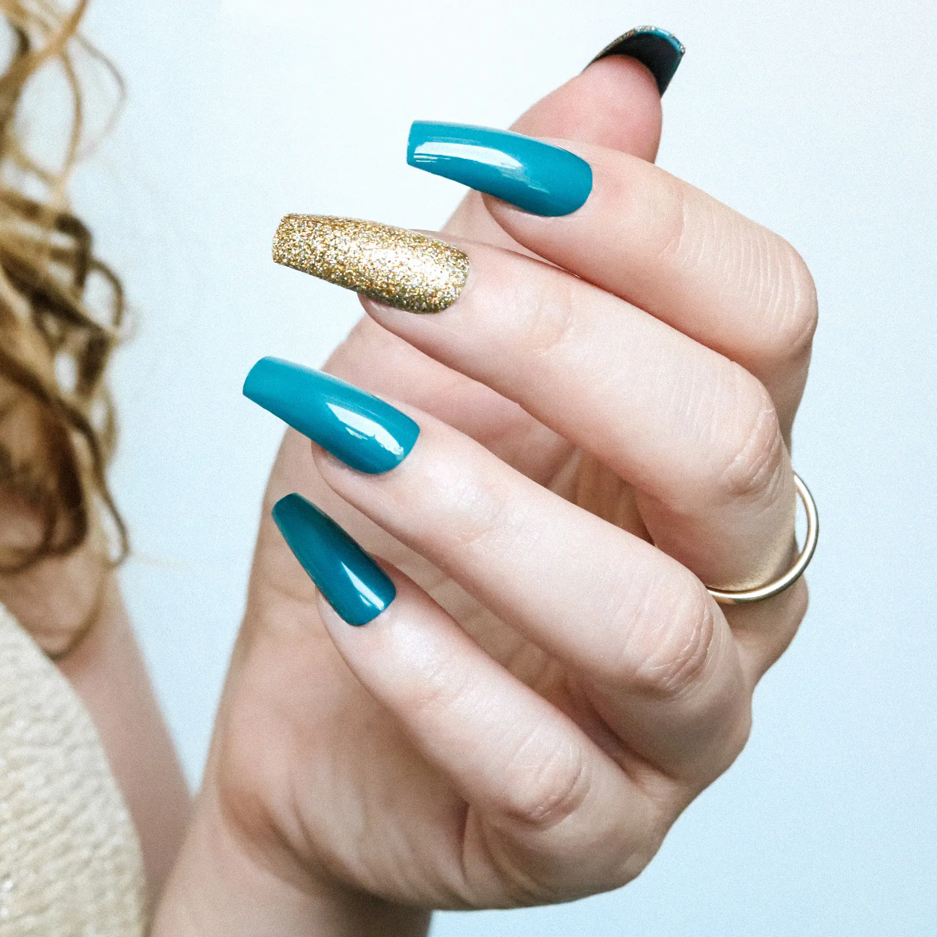 Allkem Get Ready Bundle Teal X Sky Blue Shimmer Press on Nails | Glossy Medium Short Ballerina | 10 sizes - 20 pcs Almond Nail kit with Glue 2 sets
