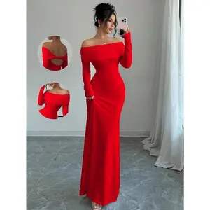 Elegant tight fitting long sleeved waist tied double-layer off shoulder and off back twisted mermaid linen elastic knitted dress, suitable for women, suitable for autumn and winter New Year's clothing set