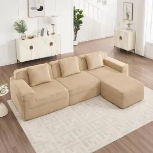 Modular 3 Seat L Shaped Sectional Boneless Sofa Couch, Cloud Sectional Couch with Deep Seat, Modern Modular 3-Seat Sofa Couch with Throw Pillows and 1 Movable Ottoman, Corduroy Fabric Camel